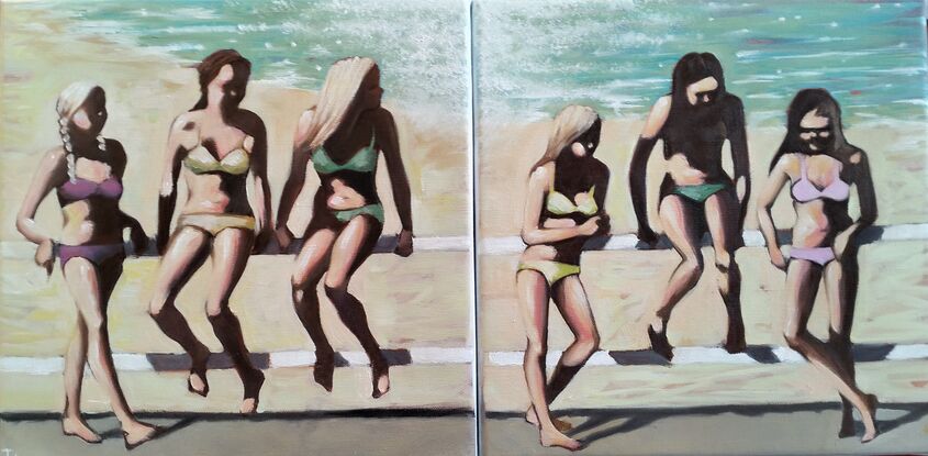 2 seperate canvases...each  with 3 girls on each, in two piece swimsuits sitting on and leaning against a fence. 