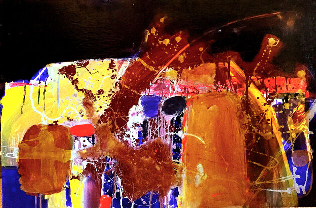 Rich + Vibrant, modern abstract composition with deep ultramarine blues and splashes of red orange, yellow and ochre tones.