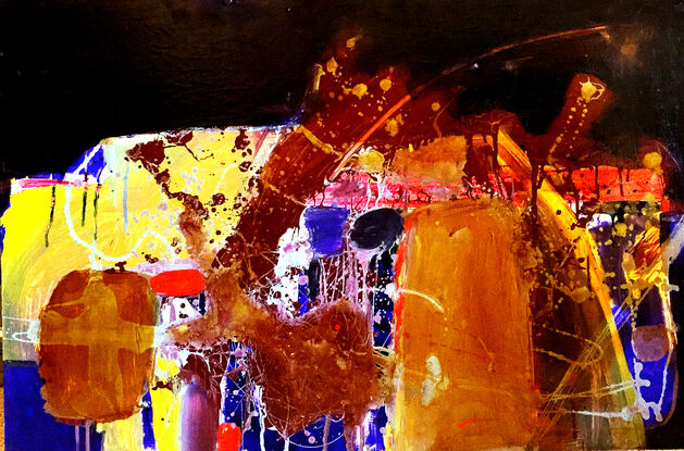 Rich + Vibrant, modern abstract composition with deep ultramarine blues and splashes of red orange, yellow and ochre tones.