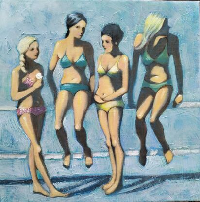 4 teenage girls in bikinis leaning against and sitting on a fence with a blue background.