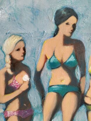 4 teenage girls in bikinis leaning against and sitting on a fence with a blue background.