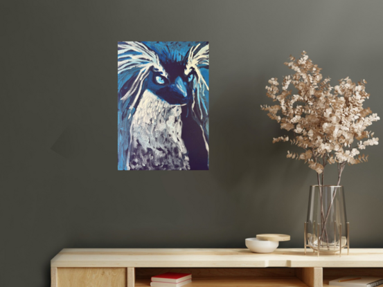 Blue penguin with huge white feathery eyebrows rendered in rough brushstrokes. The penguin is looking 3/4 to the right.  His bust and head take up most of the canvas with very little background left around.