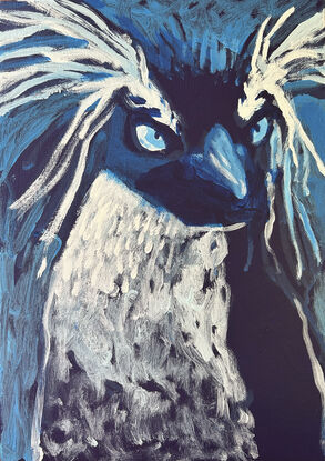 Blue penguin with huge white feathery eyebrows rendered in rough brushstrokes. The penguin is looking 3/4 to the right.  His bust and head take up most of the canvas with very little background left around.