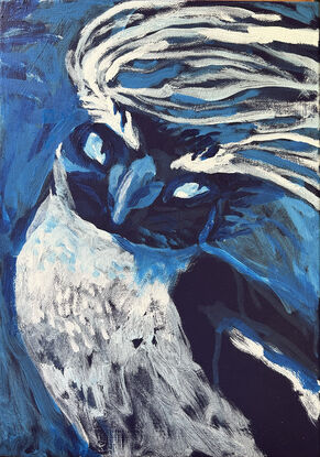 Blue penguin with huge white feathery eyebrows rendered in rough brushstrokes. The penguin is looking to the right.  He looks happy in a dancing mood. His bust and head take up most of the canvas with very little background left around.