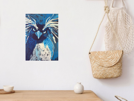 Blue penguin with huge white feathery eyebrows rendered in rough brushstrokes. The penguin is looking straight at the viewer in a questioning way.  He looks a bit angry but comical. His bust and head take up most of the canvas with very little background left around.