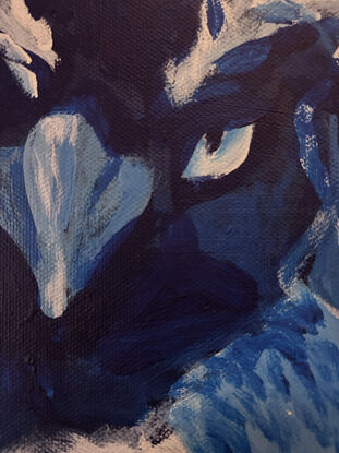 Blue penguin with huge white feathery eyebrows rendered in rough brushstrokes. The penguin is looking straight at the viewer in a questioning way.  He looks a bit angry but comical. His bust and head take up most of the canvas with very little background left around.