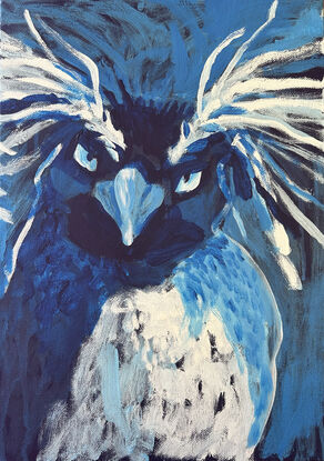 Blue penguin with huge white feathery eyebrows rendered in rough brushstrokes. The penguin is looking straight at the viewer in a questioning way.  He looks a bit angry but comical. His bust and head take up most of the canvas with very little background left around.