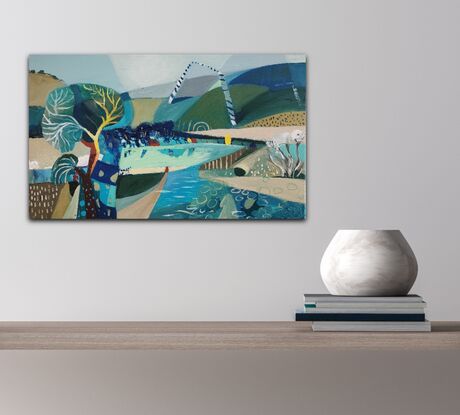 A whimsical decorative abstract landscape with  mountains, trees and rocks.
