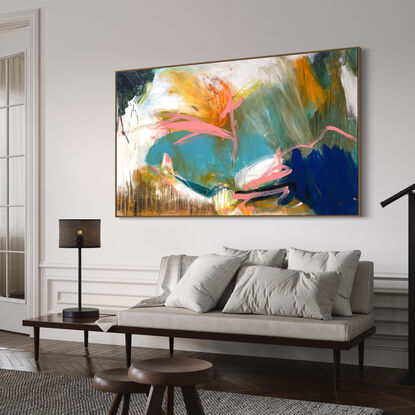 neutral and subtle pinks and apricot, orange tones blended with areas of blush, sage, grey, white and blue, ochre, brown and green with expressive marks across an extra large canvas