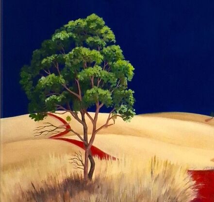 Australian landscape with dark blue sky and gold and beige highlighted hills and foreground, an orange red road leads out of the painting with trees scattered throughout,  Lucinda Leveille, original artwork, framed, Australiana