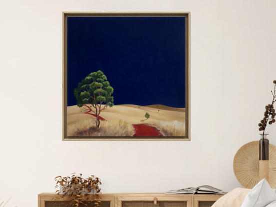 Australian landscape with dark blue sky and gold and beige highlighted hills and foreground, an orange red road leads out of the painting with trees scattered throughout,  Lucinda Leveille, original artwork, framed, Australiana