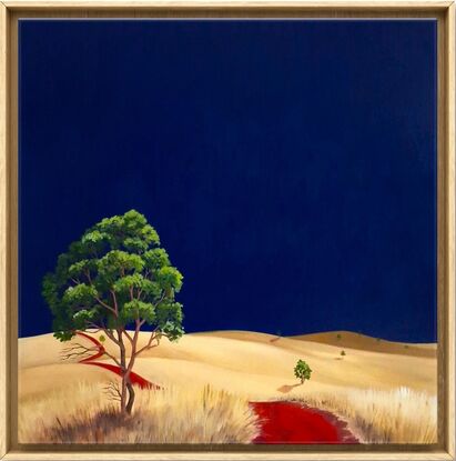 Australian landscape with dark blue sky and gold and beige highlighted hills and foreground, an orange red road leads out of the painting with trees scattered throughout,  Lucinda Leveille, original artwork, framed, Australiana