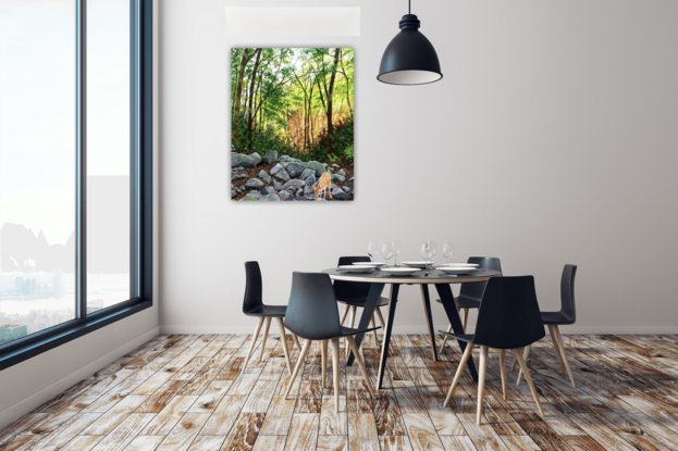 The artwork shows the Sill branch Falls area in Tennessee. Lots of rocks with a small pool created by the water from the fall. A deer is seen taking a drink of this refreshing water.