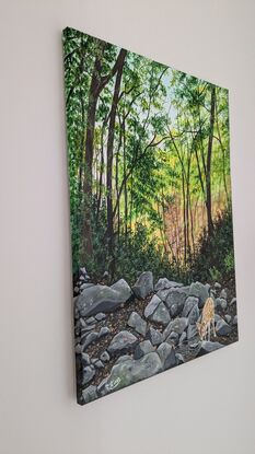 The artwork shows the Sill branch Falls area in Tennessee. Lots of rocks with a small pool created by the water from the fall. A deer is seen taking a drink of this refreshing water.