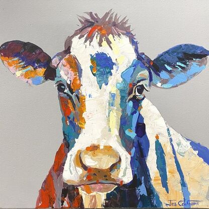 Portrai of a cow on a grey neutral background with pops of colour and texture. 