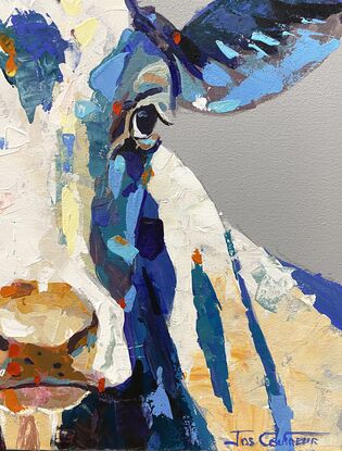 Portrai of a cow on a grey neutral background with pops of colour and texture. 