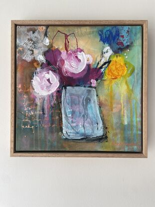 Dark green and rusty, deep background colours with dark pink, light pink and a pop of yellow flower forms. 