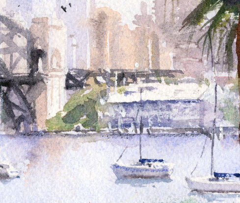 Original painting Sydney Harbour Bridge with sailboats and flowering garden