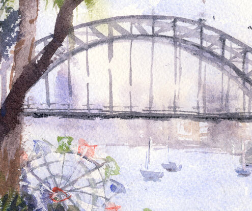 Original painting Sydney Harbour Bridge with sailboats and flowering garden