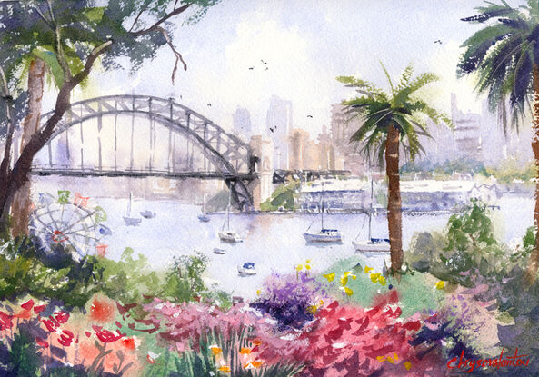 Original painting Sydney Harbour Bridge with sailboats and flowering garden