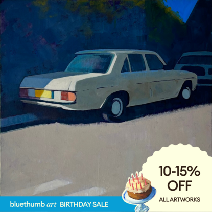 1980’s Mercedes Benz sedan parked in half-sun half-shadow - abstract impressionist style oil painting 
