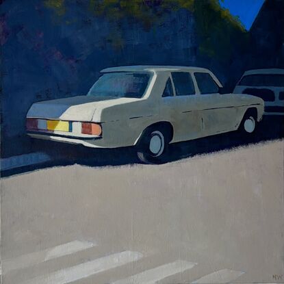 1980’s Mercedes Benz sedan parked in half-sun half-shadow - abstract impressionist style oil painting 
