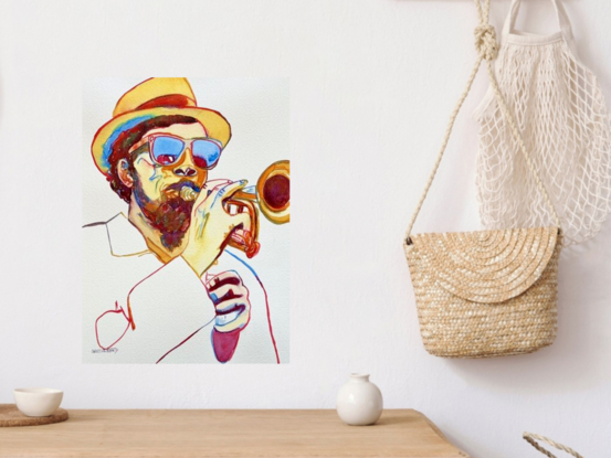 "Stage of Sound" by Christine Beard is a vibrant watercolor portrait capturing the essence of a musician lost in the rhythm of his performance. The artist skillfully uses bold colors and expressive brushstrokes to convey the energy and passion of the trumpet player, highlighting the lively atmosphere of a jazz scene. The musician's sunglasses and hat add a contemporary touch to this dynamic piece, making it a perfect representation of modern musical expression. This artwork invites viewers to feel the rhythm and energy of live music, making it an excellent addition to any contemporary art collection.






