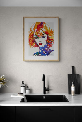 "Vibrant" by Christine Beard is a striking watercolor portrait that captures the essence of bold expression and dynamic color. The artwork features a stylized female figure with fiery, multicolored hair and intense red lips, reminiscent of retro pop art and fashion illustrations. The bold use of color and intricate detailing in the hair and makeup create a sense of movement and energy, making this piece a captivating focal point in any space. Ideal for lovers of contemporary art, this vibrant composition adds a splash of creativity and flair to modern interiors.






