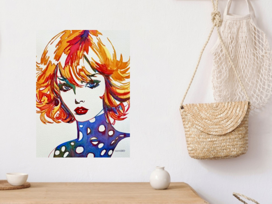 "Vibrant" by Christine Beard is a striking watercolor portrait that captures the essence of bold expression and dynamic color. The artwork features a stylized female figure with fiery, multicolored hair and intense red lips, reminiscent of retro pop art and fashion illustrations. The bold use of color and intricate detailing in the hair and makeup create a sense of movement and energy, making this piece a captivating focal point in any space. Ideal for lovers of contemporary art, this vibrant composition adds a splash of creativity and flair to modern interiors.






