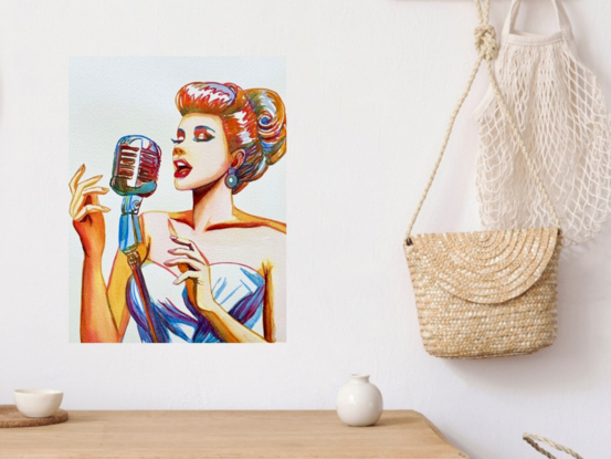 "Stage Serenade" by Christine Beard is a captivating watercolor piece that evokes the timeless elegance and charm of a classic vocal performance. The artwork portrays a glamorous singer in mid-song, her vibrant red lips and retro microphone reflecting the iconic style of the 1950s. The detailed rendering of her elegant gown and poised hands captures the essence of stage presence and artistic expression. This piece is a celebration of the golden age of music and fashion, perfect for adding a touch of nostalgia and sophistication to any space. Ideal for music lovers and fans of vintage art alike, "Stage Serenade" brings a touch of mid-century glamour to contemporary interiors.






