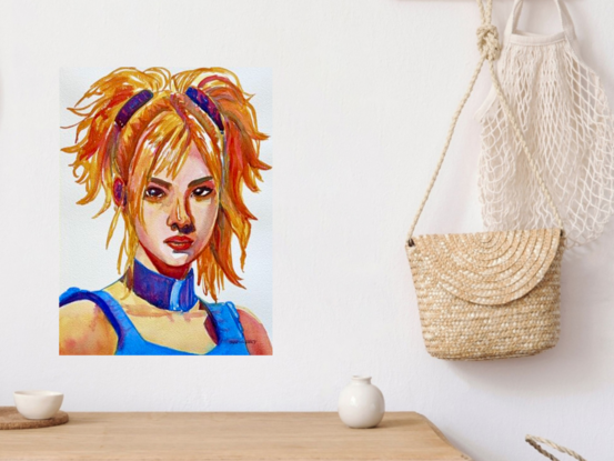 "Radiant Rebel 2" by Christine Beard is a striking watercolor portrait that captures the essence of strength and empowerment. The artwork features a fierce, blonde-haired woman with a confident gaze, her expression radiating determination and resilience. The bold use of blue and orange hues highlights the dynamic contrast in her character, making this piece a powerful representation of modern femininity. Ideal for contemporary art lovers, this piece adds a vibrant and empowering presence to any space, celebrating the spirit of individuality and self-assurance.






