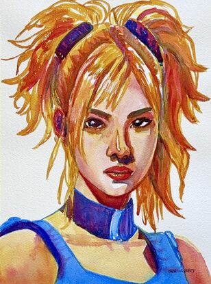 "Radiant Rebel 2" by Christine Beard is a striking watercolor portrait that captures the essence of strength and empowerment. The artwork features a fierce, blonde-haired woman with a confident gaze, her expression radiating determination and resilience. The bold use of blue and orange hues highlights the dynamic contrast in her character, making this piece a powerful representation of modern femininity. Ideal for contemporary art lovers, this piece adds a vibrant and empowering presence to any space, celebrating the spirit of individuality and self-assurance.






