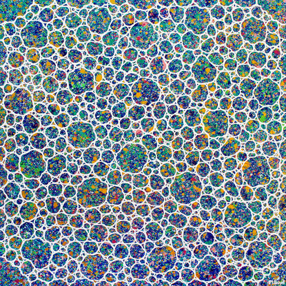 white circles on blues and greens . Colours represent florals  