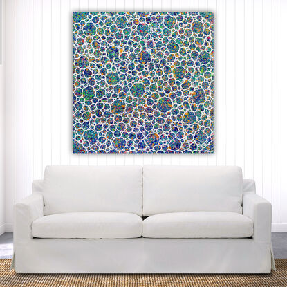 white circles on blues and greens . Colours represent florals  