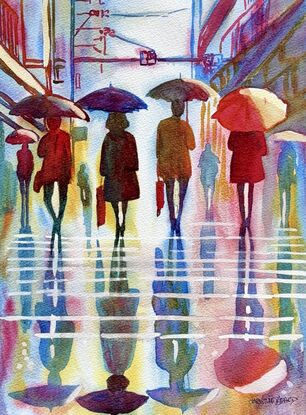 "Raindrops and Reflections" by Christine Beard captures the quiet beauty of a rainy day in the city. This vibrant watercolor painting depicts figures walking under umbrellas, their silhouettes reflected in the wet pavement below. The interplay of colors and light creates a serene yet dynamic atmosphere, showcasing the harmony between urban life and nature's elements. Perfect for those who appreciate contemporary art with a touch of everyday magic, this piece brings the tranquil and reflective mood of a rainy cityscape into your space.






