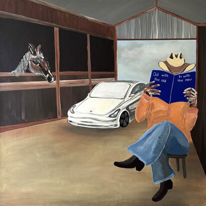 Acrylic is used to hand paint 3 subjects in an outback Australian barn. On the left is a horse in a stable. In the middle is a white Tesla vehicle. On the right, a man reads a magazine that says 'Out with the old, in with the new'.