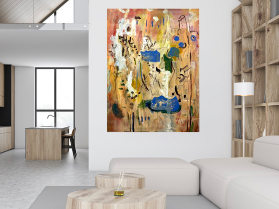 Orange, yellow, blue, green, brown and white come together to create an abstract painting with rhythmic shapes.

for hanging enquiries please message me.  