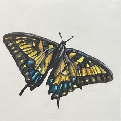 Mini watercolour painting of a butterfly on paper.