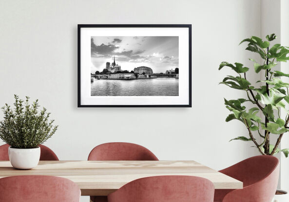 Black and white photograph of river Seine in Paris