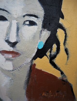 The painting of a dark haired classy woman is set on a yellow background. The woman is wearing a red top and her hair up. She has turquoise earrings and strong features. She is looking off to the side, but physically facing the viewer.