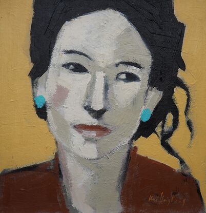 The painting of a dark haired classy woman is set on a yellow background. The woman is wearing a red top and her hair up. She has turquoise earrings and strong features. She is looking off to the side, but physically facing the viewer.