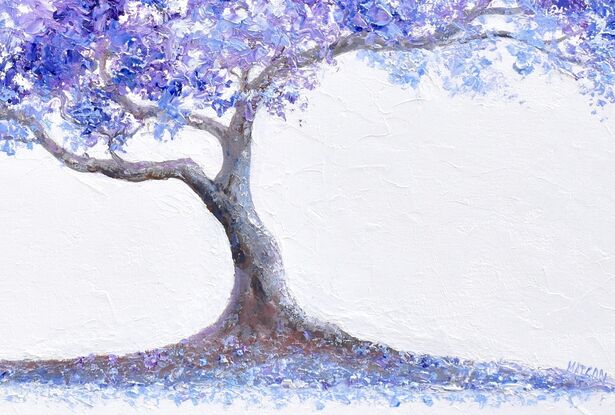 A thickly textured palette knife oil painting of a graceful Jacaranda tree with vibrant blue, lavender and purple foliage against a white painted background. 