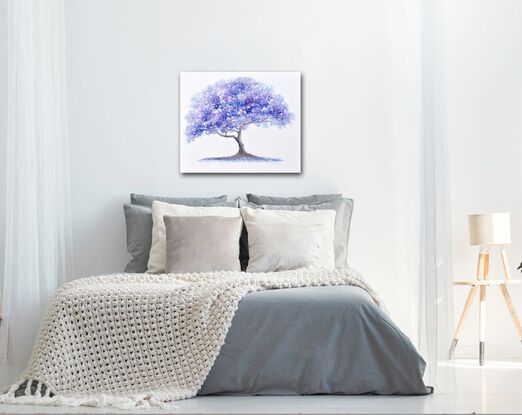 A thickly textured palette knife oil painting of a graceful Jacaranda tree with vibrant blue, lavender and purple foliage against a white painted background. 