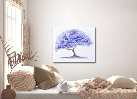 A thickly textured palette knife oil painting of a graceful Jacaranda tree with vibrant blue, lavender and purple foliage against a white painted background. 