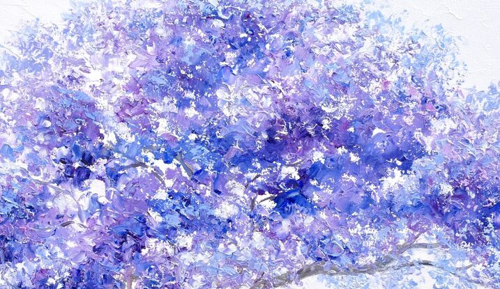 A thickly textured palette knife oil painting of a graceful Jacaranda tree with vibrant blue, lavender and purple foliage against a white painted background. 