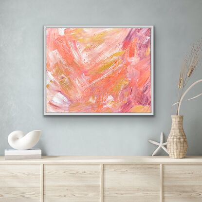 Large brushstrokes of gold, pink & purple with paint splatters in white & pink