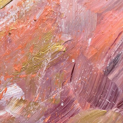 Large brushstrokes of gold, pink & purple with paint splatters in white & pink