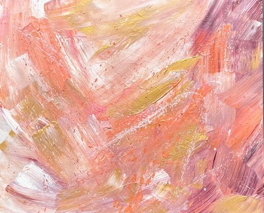 Large brushstrokes of gold, pink & purple with paint splatters in white & pink