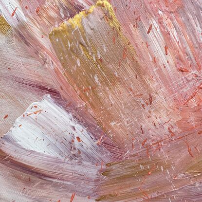 Large brushstrokes of gold, pink & purple with paint splatters in white & pink