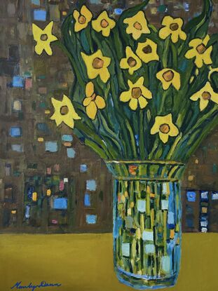 Daffodils in glass vase, in style of Klimt, framed